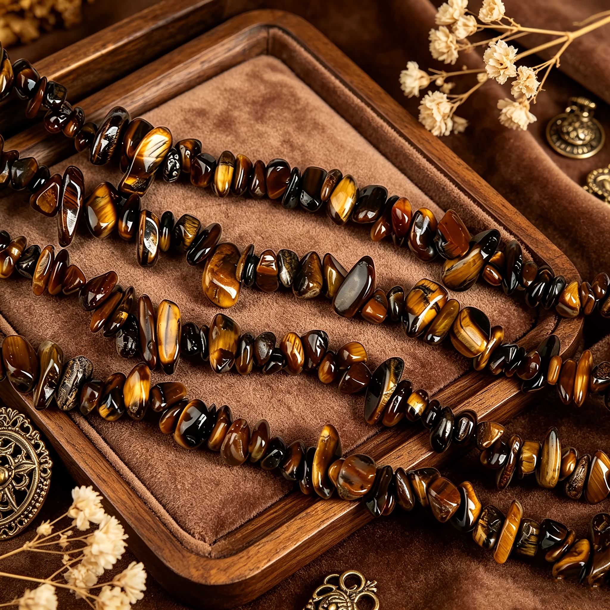 Vintage Brown-Toned Synthetic Tiger's Eye Beaded Strand, Handmade